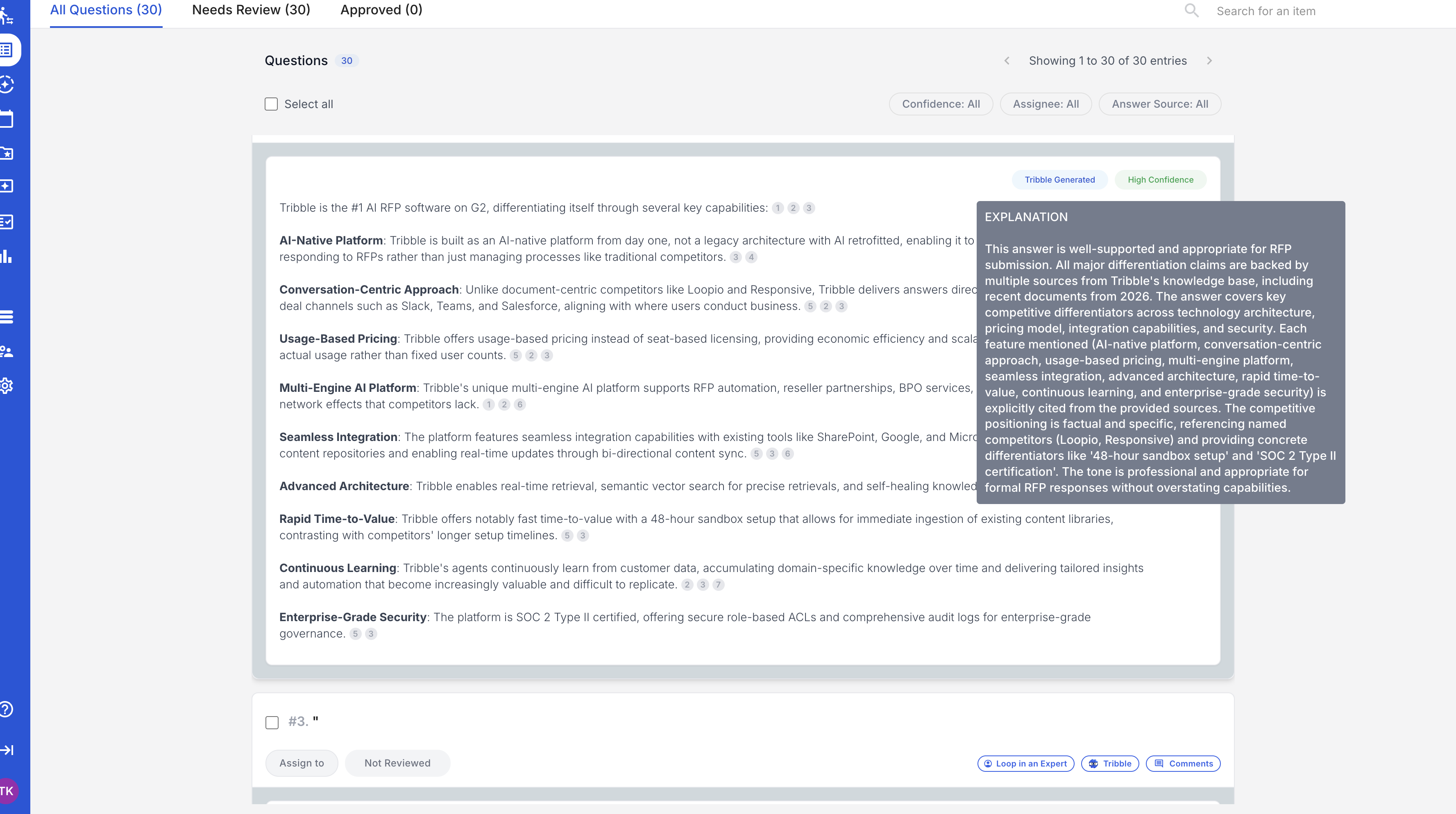 Tribble response workspace showing a source-backed answer with confidence explanation